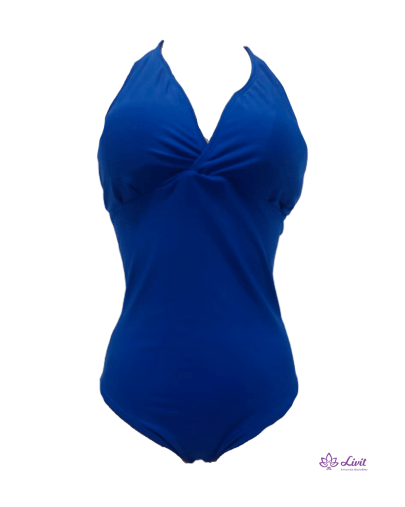 Vestido de baño post mastectomía Verano enterizo Color azul de cordón al cuello.